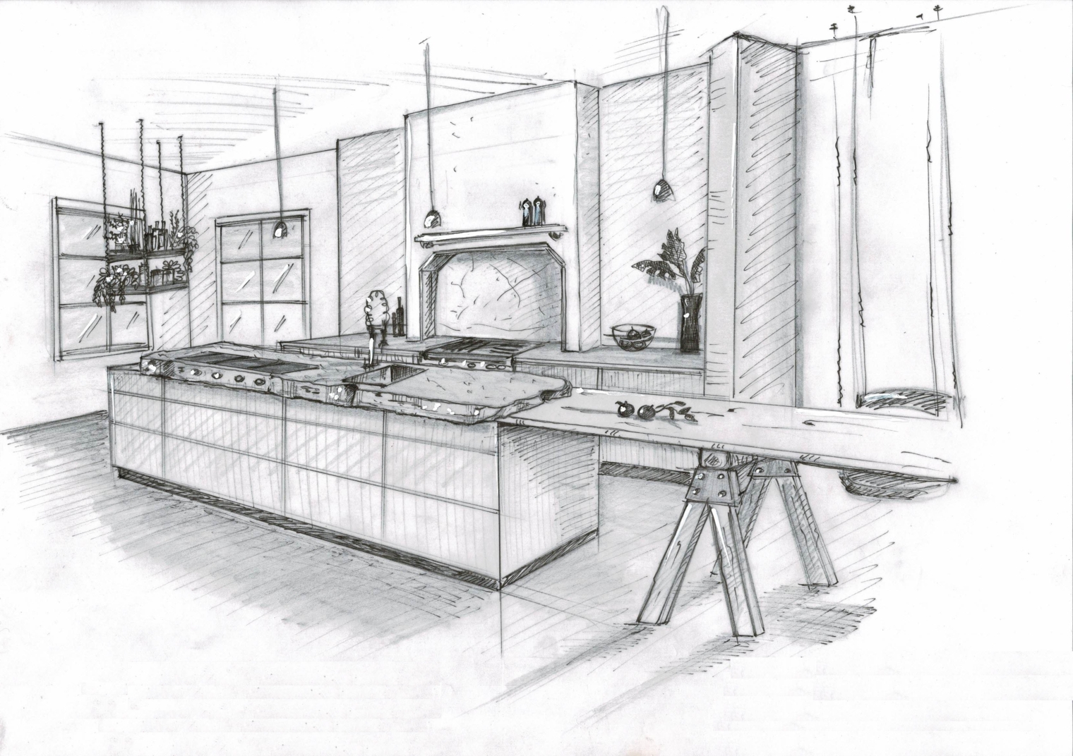 Loftküche mit gemauerter Kochnische, Küchenfront Nussbaum massiv, Tisch mit Arbeitsböcken