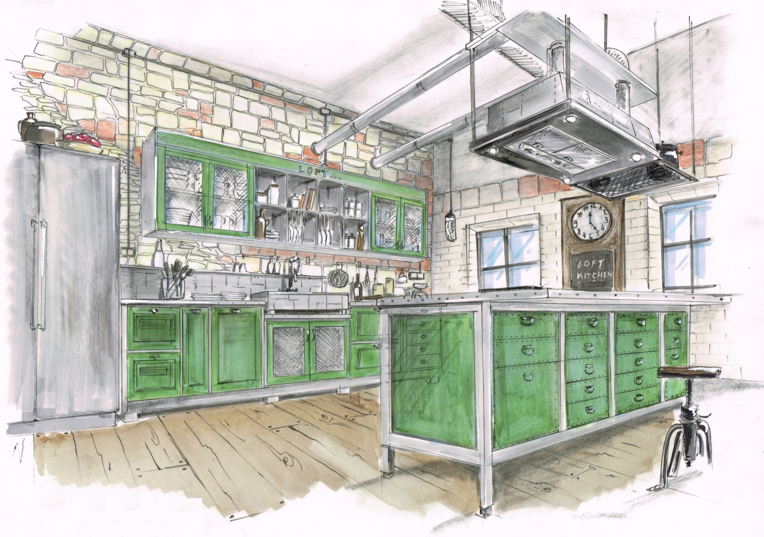 Küche im Industriestyle, in Werkstatt grün, Türen mit Streckmetall Füllung